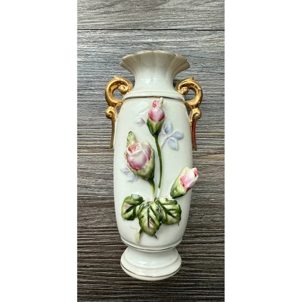 Vintage White Ceramic Vase Gold Handles Pink Rose‎ Bud Embossed Floral Accent